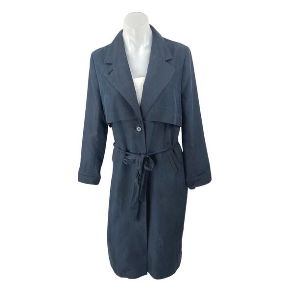 Monki Women's Blue Long Sleeve Belted Tie Waist Button Trench Coat Jacket Sz XS - Picture 1 of 5